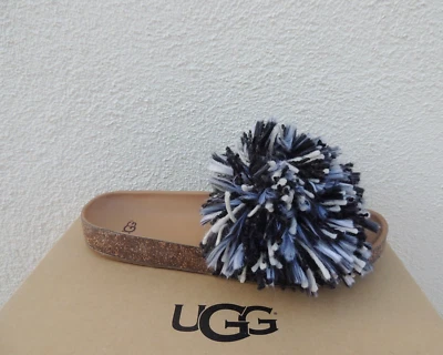 UGG BLACK/ WHITE CINDI YARN FRINGE CORK SOLE SLIDE SANDALS, US 6.5/ EUR 37.5 NIB - Image 1 of 4