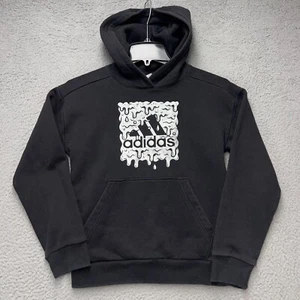 Adidas Hoodie Sweatshirt Boys Medium Black Long Sleeve Silver Drip Logo Pocket - Picture 1 of 11