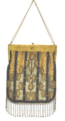 Art Nouveau Micro Bead Purse France Excellent Shape Gold/Black Fringe 19"X 73/4" - Image 1 of 4