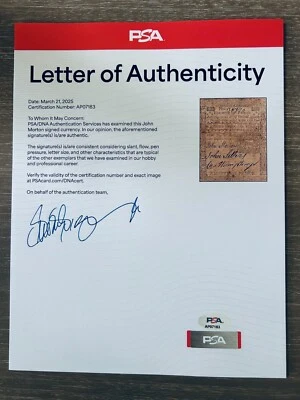 PSA/DNA John Morton DOI signed 1772 Pennsylvania Colonial Curr. Bank Note PMG 12 - Image 1 of 4