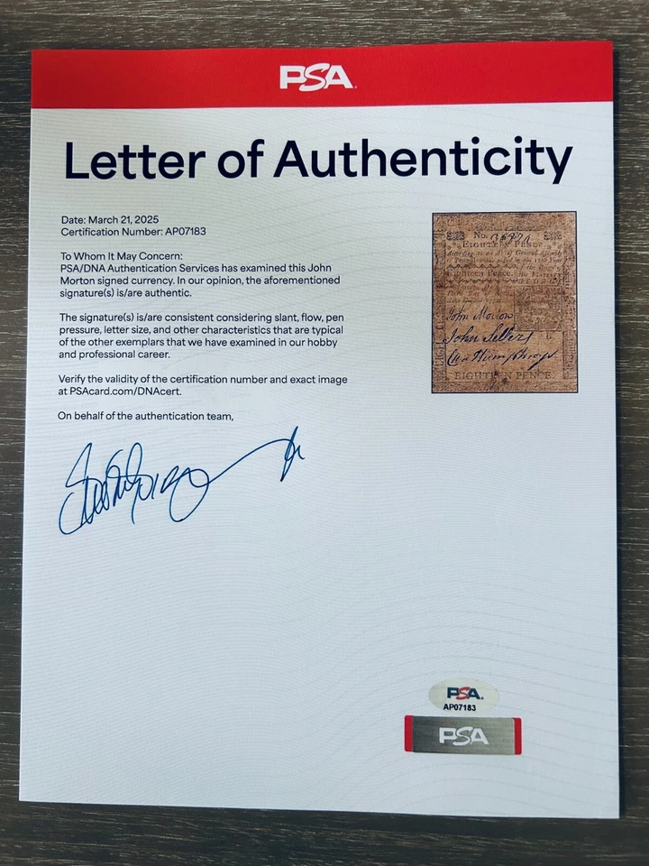 PSA/DNA John Morton DOI signed 1772 Pennsylvania Colonial Curr. Bank Note PMG 12 - Image 1 of 4