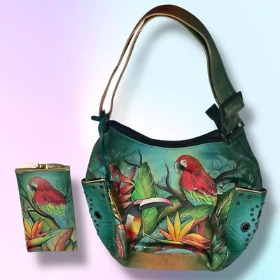 LOTE Anuschka Tropical Tucán Loro Bolso de Mano Grande Cartera y Cartera Pájaro Ecléctico Foto 1 de 4