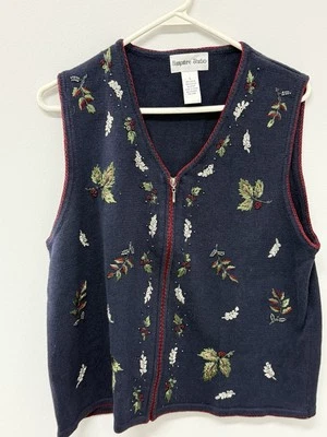Hampshire Studio Full Zip Christmas Sweater Vest Wreath Embellished L Blue - Image 1 of 4