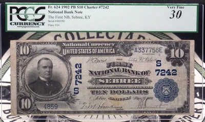 1902 $10 National Bank Note *SEBREE* KY Fr#624 PCGS VF30 CH#7242 Plain Back - Image 1 of 4