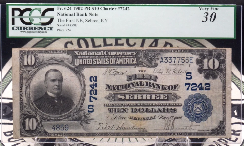 1902 $10 National Bank Note *SEBREE* KY Fr#624 PCGS VF30 CH#7242 Plain Back - Image 1 of 4