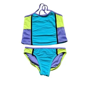 Girls M 7-8 OP Blue Lime Green Purple Black Color Block Tankini Swimsuit Set - Picture 1 of 2