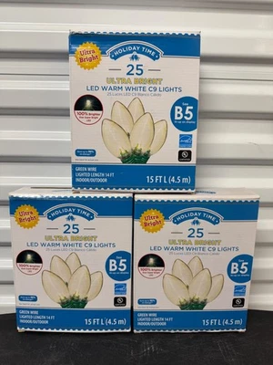 Holiday Time 25 Ultra Bright LED C9 Bulb Christmas Lights Warm White 15' New - Image 1 of 4