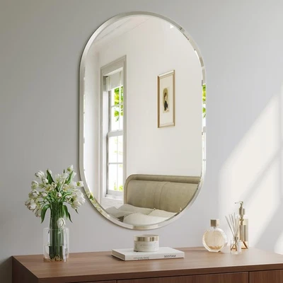 Frameless Oval Mirror, 22x30 Frameless Bathroom Mirror Designed with French C... - Image 1 of 4