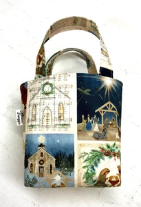 Handmade Fabric Lined Mini Tote Bag/Gift Bag Multicolor Christmas Nativity Print - Bild 1 von 7