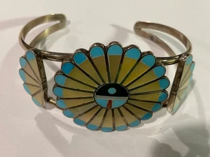 Vintage Native American ZUNI A W Turquoise Inlay Sterling Bracelet/Cuff - Picture 1 of 7