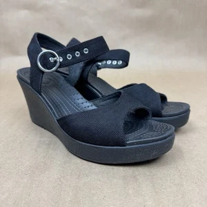 Crocs Womens Wedge Sandals Black Hanalei Canvas Shoes Ankle Strap Wedge Size 7 - Picture 1 of 19