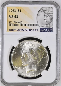 :1923-P SILVER PEACE DOLLAR 100TH ANNIVERSARY LABEL CHOICE NGC MS63 BLAST WHITE - Picture 1 of 2