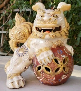 SUPERB ANTIQUE HAND PAINTED CHINESE FOO DOG DECO IMARI CERAMIC FIGURINE LARGE - Picture 1 of 11