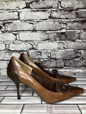 Max Studio Quibble 棕色皮革尖头流苏高跟鞋女式 8.5M 码美国/39EU — 第 1/4 张图片