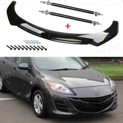 For Mazda 2 3 6 Gloss Black Front Bumper Lip Spoiler Splitter + Strut Rods *2 Foto 1 de 4