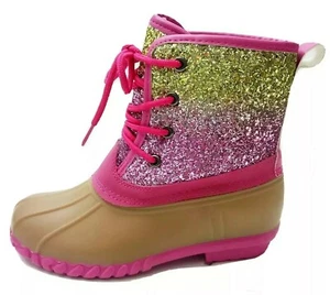 Olivia Miller Girl Glitter Duck Pink Spa Warn Furry Lining Rain Boots Girls Sz 3 - Picture 1 of 12