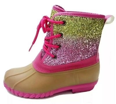 Olivia Miller Niña Brillo Pato Rosa Spa Advertencia Forro Peludo Botas de Lluvia Niñas Talla 3 Foto 1 de 4