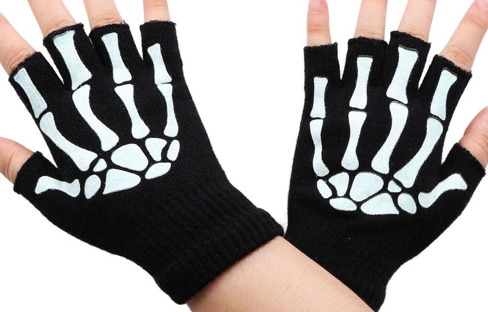 PAIR Adult Size SKELETON Bones Fingerless GLOVES Half Finger Wool Teens (B4) - image 1 of 1
