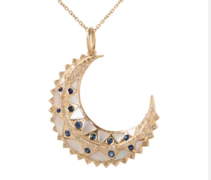 Mother Of Pearl With Blue Sapphire Half Moon Pendant 925 Sterling Silver Pendant - Picture 1 of 4