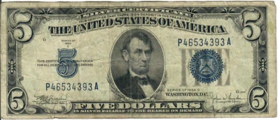 1934C 5$ Silver Certificate - Blue Seal - WAJ/JWSy P46534393A - #13589 - Image 1 of 2