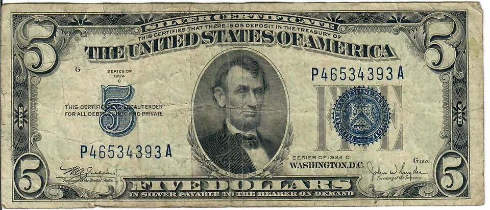 1934C 5$ Silver Certificate - Blue Seal - WAJ/JWSy P46534393A - #13589 - Image 1 of 2
