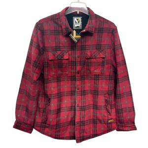 XL Voyager Sherpa Lined Flannel Mens Red black Plaid Fleece Shirt Jacket SHACKET - Picture 1 of 12