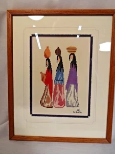 Framed Cross Stitch Needlepoint Wall Hanging 3 Ethnic Women Water Bearers - Picture 1 of 8