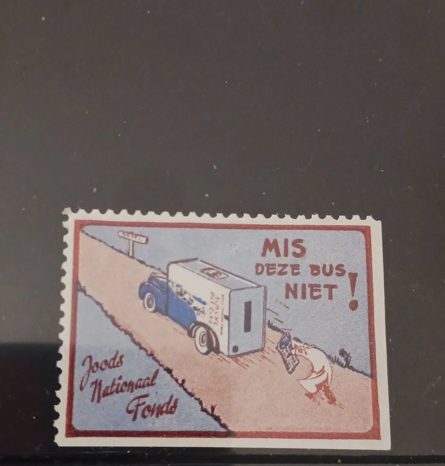 Judaica Países Bajos RARO Sello Etiqueta Antigua KKL JNF Caja ¡No te pierdas el autobús 1958! Foto 1 de 1