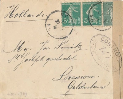 Francia DOUAI 1919 a Holanda Países Bajos BENEDEN-LLEUWEN CONTROL CENSURADO 147 Foto 1 de 2