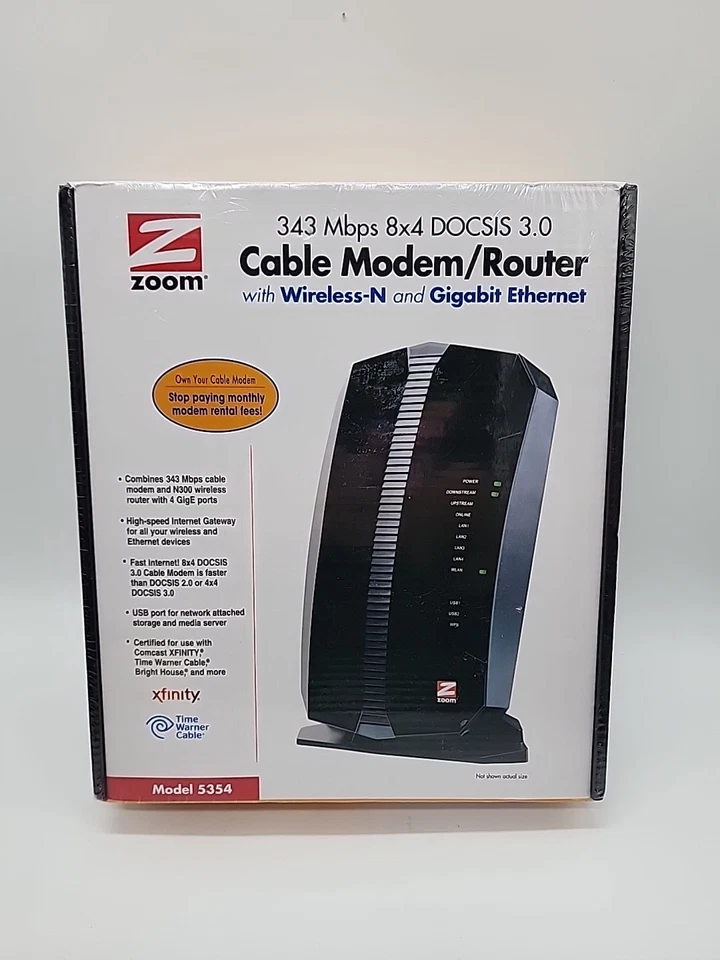 ZOOM 343 Mbps 8x4 DOCSIS 3.0 Cable Modem ROUTER With Wirreless-N and Gigabit - Image 1 of 4
