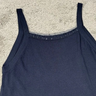 y2k 90s Beaded Ruffle Trim Knit Tank Top Navy Blue Dainty Size L NWT Deadstock - Image 1 of 4