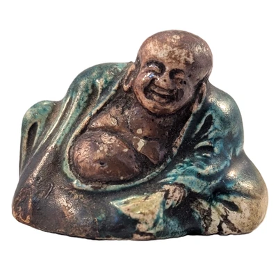 Антикварные японские керамические нэцкэ Kutani зеленые и желтые Lucky God Hotei - Изображение 1 из 4