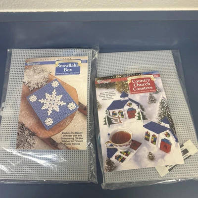 Lot Of 2 Needlecraft Shop Christmas Plastic Canvas Church Coasters Snowflake Box - Image 1 of 4