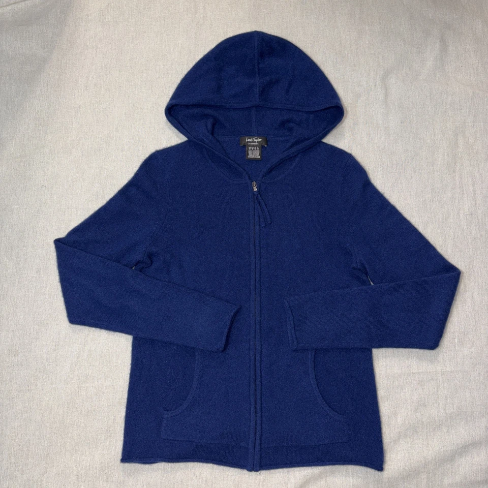 LORD & TAYLOR Small Women’s Dark Blue 100% Cashmere Two-way zip Hoodie EUC - Image 1 of 4