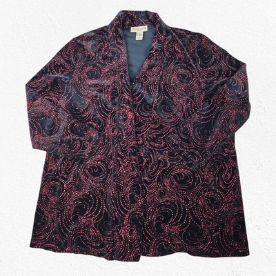 Y2K Notations Black Red Glitter Swirl Velvet Open Front Blazer Jacket Size 1X - Image 1 of 4