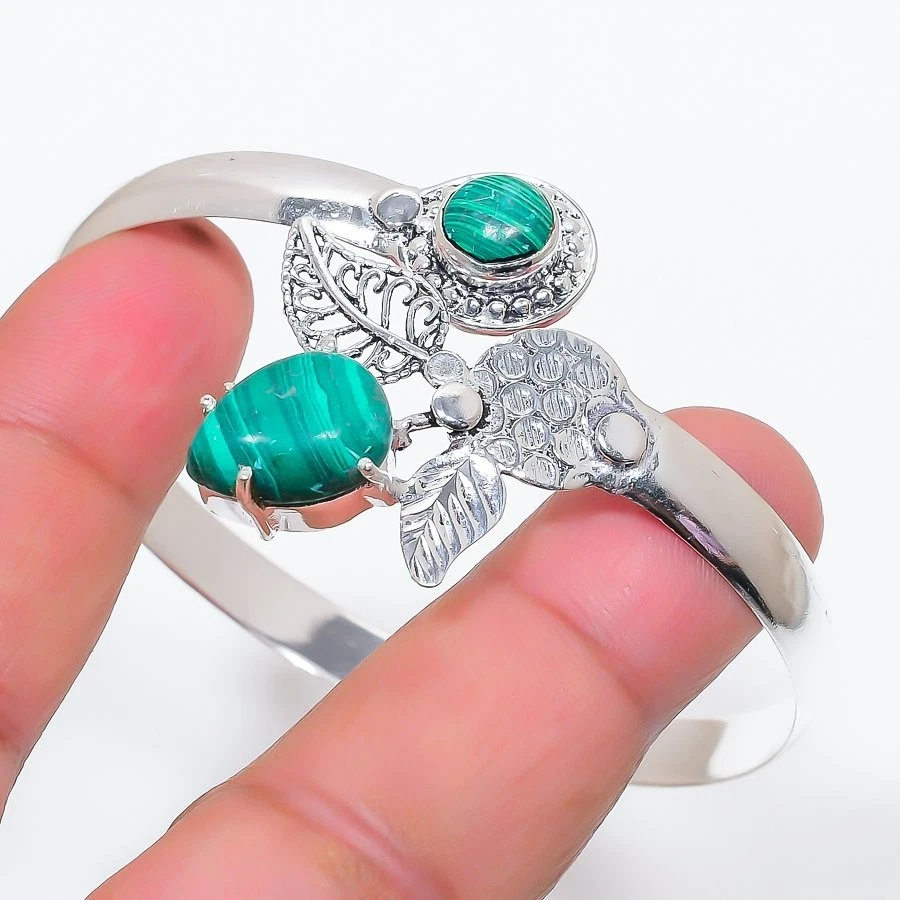 Green Malachite Gemstone Handmade 925 Sterling Silver Cuff Bracelet Adjustable - Image 1 of 1