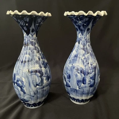 Antique 19th Century  Large Japanese Imari Ribbed Blue & White Vase Pair - Image 1 of 4