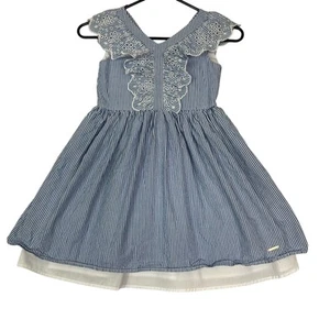Tahari Dress Girls 6X Blue and White Pinstripe Ruffle Eyelet Embroidered - Picture 1 of 11