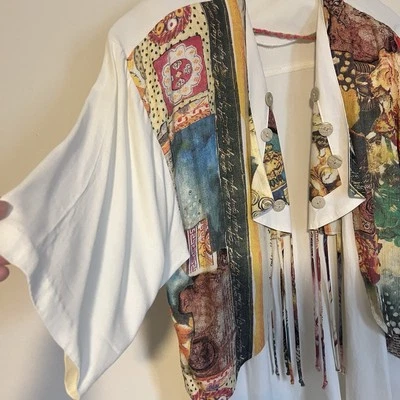 Top túnica vintage años 80 90 borlas coloridas ajuste de gran tamaño boho Lagenlook arte para usar  Foto 1 de 4