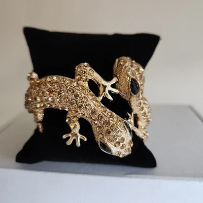 Brazalete Brazalete Doble Lagarto Estrás Cristal | Tono Dorado | Declaración | Ajuste 7" Foto 1 de 4