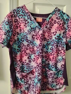 Ava Therese Slimming Pink/Blue Leopard Print Scrub Top Size L - Picture 1 of 1