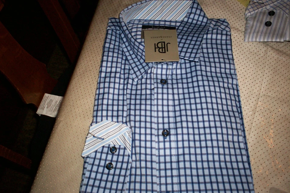 CAMISA DE VESTIR NUEVA CON ETIQUETAS JBH JHANES BARNES CUELLO EXTENDIDO AJUSTADO-AZUL/AZUL MARINO A CUADROS-XL Foto 1 de 1