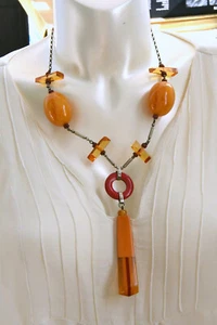 KETTE fab Necklace 30er Jahre ART DECO Bauhaus Bakelite Amber rot Bernstein - Bild 1 von 12