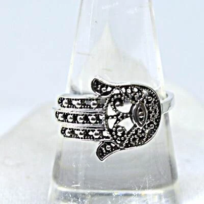 Anillo de Plata 925 Hamsa Mano de Fátima Antiguo Potente Protección Amuleto Mal de Ojo Foto 1 de 4