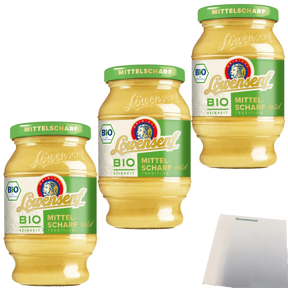 Löwensenf Mittelscharfer Senf mild Bio Reinheit 3x250ml Glas usy Block - Bild 1 von 4