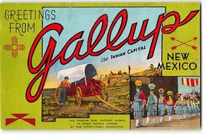 Grüße von GALLUP, NEU MEXIKO um 1940 Leinen Postkarte, Zunnie Keramik Frauen - Bild 1 von 2