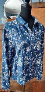 Coldwater Creek linen rayon canvas light jacket shirt blue white floral XL - Picture 1 of 13