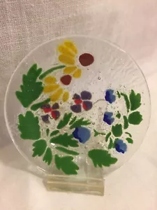 Fused Glass Mini Small Plate Round 4" Wild Flowers & Leaf design - Picture 1 of 6