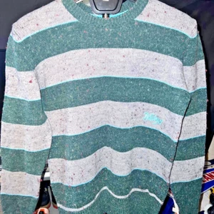 Vintage Billabong Wool Sweater Men’s Medium Green Gray Striped Knit Spellout Y2K - Picture 1 of 4