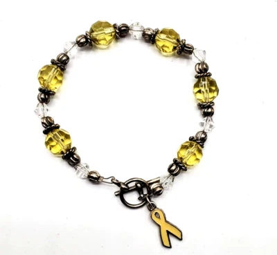 Brazalete Cáncer de Mama Tono Plateado Amarillo Imitación Cristal Cuentas Espaciador 8" Foto 1 de 4